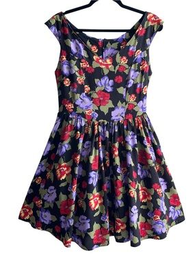 VTG 90s Gemini Floral Fit & Flare Dress Black Floral Skater Dress Tulle Lined 6